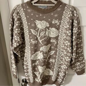 Vintage 80’ Private Eyes Metallic Floral Rose Sweater Taupe/Cream Granny Large